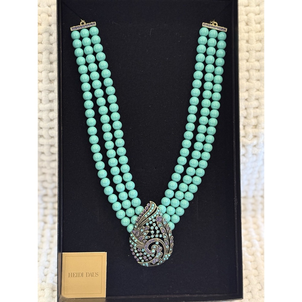Heidi Daus Turquoise Beaded Necklace Multicolor Crystal Paisley Pendant NIB